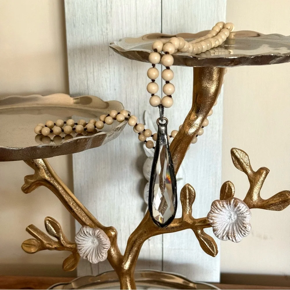 Elegant Cream Beaded Necklace with Vintage Italian Teardrop Crystal, 46” - Picture 6 of 6